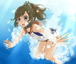  air_bubble bad_id bad_pixiv_id bare_shoulders barefoot blush breath brown_eyes brown_hair bubble bubble_blowing freediving holding_breath i-401_(kantai_collection) kantai_collection one-piece_swimsuit open_mouth pinatti ponytail sailor_collar school_swimsuit school_uniform short_hair short_ponytail solo swimming swimsuit tan underwater 