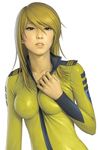  blonde_hair bodysuit breasts brown_eyes looking_at_viewer medium_breasts military military_uniform mori_yuki parted_lips solo uchuu_senkan_yamato uchuu_senkan_yamato_2199 undressing uniform watanabe_yasuaki white_background yellow_bodysuit 