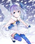  blue_eyes blush fairy_wings gloves harem_gain looking_at_viewer momoyama_momo official_art outdoors side_ponytail silver_hair snow snowing solo thighhighs wings 