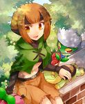  belt brown_eyes capelet cherubi gen_4_pokemon green_capelet gym_leader irouha looking_at_viewer midriff natane_(pokemon) navel orange_hair pokemon pokemon_(creature) pokemon_(game) pokemon_dppt roserade short_hair shorts sitting turtwig 