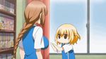  animated animated_gif attack blonde_hair bouncing_breasts braid breast_punch breasts brown_hair chibi d-frag! large_breasts long_hair looping_animation lowres multiple_girls punching school_uniform shibasaki_roka short_hair takao_(d-frag!) twintails 