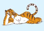  breasts brown_fur feline female fur kung_fu_panda looking_at_viewer lying mammal master_tigress nipples nude on_side orange_eyes orange_fur presenting smile solo stripes threadandclaws tiger white_fur 