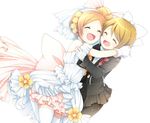  ^_^ boutonniere bow brown_hair closed_eyes dress earrings flower formal gloves hair_bow happy hoshizora_rin jewelry koizumi_hanayo long_sleeves love_live! love_live!_school_idol_project love_wing_bell multiple_girls open_mouth orange_hair pants short_hair smile soranagi suit thighhighs veil white_background white_dress white_gloves white_legwear 