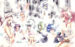  6+girls agarest_senki agarest_senki_(series) animal_ears arms_up beatrice_(agarest_senki) black_wings blue_hair bottle brown_hair bunny_ears closed_eyes company_name copyright_name dyshana_(agarest_senki) ellis_(agarest_senki) game_cg green_hair highres hirano_katsuyuki long_hair multiple_girls murmina_(agarest_senki) official_art onsen pink_hair plum_(agarest_senki) pointy_ears ponytail qua_(agarest_senki) red_eyes reverie_(agarest_senki) sake_bottle sharona_(agarest_senki) short_hair silver_hair smile steam third_eye towel towel_on_head vira-lorr wings 