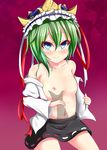  absurdres blue_eyes blush breast_grab breasts collarbone grabbing green_hair guided_breast_grab hand_on_another's_chest hat highres kneeling looking_at_viewer miniskirt mochizuki_hull nipples open_clothes purple_background shiki_eiki short_hair skirt small_breasts solo_focus star star-shaped_pupils symbol-shaped_pupils touhou 