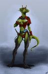  armor breasts dragon female green_skin katana leggins legwear maluna muscles solo sword trogan weapon yellow_eyes 
