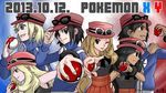  3girls alternate_eye_color alternate_hair_color black_hair blonde_hair blue_eyes brown_eyes calme_(pokemon) dark_skin ecosu999 eyewear_on_head grey_eyes hat jacket light_brown_hair long_hair multiple_boys multiple_girls open_mouth pleated_skirt poke_ball pokemon pokemon_(game) pokemon_xy serena_(pokemon) skirt sleeveless smile sunglasses 