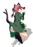  animal_ears back blush bow braid cat_ears cat_tail cl_(h-sys.) dress dress_lift extra_ears frilled_dress frills full_body green_dress hair_bow hair_ornament kaenbyou_rin kneeling long_sleeves looking_back multiple_tails panties paw_pose pointy_ears puffy_sleeves red_eyes red_hair shoes simple_background smile solo tail touhou twin_braids underwear white_background white_panties 