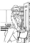  2019 anthro book bottomless breasts buckteeth cheek_tuft chest_tuft clothed clothing exposed_breasts eyewear female glasses hair_bow hair_ribbon inside library looking_at_viewer mammal monochrome mouse nipples on_one_knee open_mouth open_shirt open_smile penny_pound ponytail pussy ribbons rodent smile solo style_wager teeth tuft 