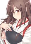  akagi_(kantai_collection) blush brown_eyes brown_hair collarbone hand_on_own_chest head_tilt hiraga_matsuri kantai_collection light_smile long_hair muneate smile solo tasuki 