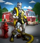  abs anthro biceps black_nose blue_eyes boots boxers bulge canine chest_tuft claws firefighter firetruck footwear fur grey_fur grey_hair grin hair hose looking_at_viewer male mammal muscles pecs pose smile solo standing suspenders tattoo toned topless truck tuft ulric underwear vallhund white_fur white_wolf wolf yellow_fur 