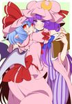  bat_wings blue_hair book coat crescent dress eichi_yuu grin hat hat_ribbon hug long_hair looking_at_viewer looking_back mob_cap multiple_girls open_clothes open_coat patchouli_knowledge pink_dress pointy_ears puffy_sleeves purple_dress purple_eyes purple_hair red_eyes remilia_scarlet ribbon sash short_sleeves smile striped striped_dress touhou very_long_hair wide_sleeves wings 