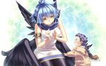  2010 agarest_senki agarest_senki_(series) aqua_background armband baby black_legwear black_wings blue_hair company_name copyright_name game_cg grey_hair highres hirano_katsuyuki mother_and_son motherly murmina_(agarest_senki) official_art pantyhose short_hair skirt smile wings yellow_eyes 