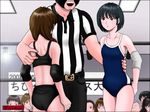  1boy 2girls artist_request audience black_eyes black_hair brown_eyes brown_hair competition_swimsuit domina_hole elbow_pads knee_pads multiple_girls one-piece_swimsuit referee short_hair swimsuit twintails wrestling wrestling_ring 