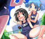  4girls arm_up barefoot black_eyes black_hair blue_eyes blue_hair blush building cat cloud crotch dutch_angle hair_ornament multiple_girls naganohara_mio nichijou one-piece_swimsuit open_mouth outdoors pool professor_shinonome sakamoto_(nichijou) school_swimsuit shinonome_nano short_hair short_twintails sitting sky spread_legs swimsuit t2 thighs twintails wet wince 