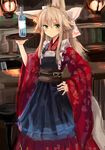  animal_ears apron blonde_hair blush bottle bow fox_ears green_eyes haik hair_between_eyes hair_bow hair_ornament hand_on_hip highres japanese_clothes kimono kokonoe_tsubaki long_hair looking_at_viewer original sake_bottle sidelocks solo tail waitress 