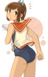  adjusting_clothes adjusting_swimsuit bad_id bad_pixiv_id bare_shoulders blush brown_eyes brown_hair highres i-401_(kantai_collection) kantai_collection kazumania looking_at_viewer looking_back one-piece_swimsuit open_mouth ponytail sailor_collar school_swimsuit school_uniform short_hair short_ponytail solo swimsuit swimsuit_under_clothes tan 