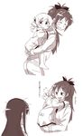  :d age_regression akemi_homura bare_legs black_hair blush bow carrying casual child drill_hair graphite_(medium) hair_bow hair_ornament hair_ribbon hairpin hobbang hug long_hair looking_at_another looking_at_viewer mahou_shoujo_madoka_magica monochrome multiple_girls open_mouth piggyback ponytail ribbon sakura_kyouko school_uniform shorts simple_background smile text_focus tomoe_mami traditional_media translated twin_drills twintails white_background younger 