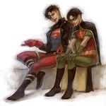  black_hair bodysuit cape dc_comics domino_mask len-yan male male_focus mask multiple_boys realistic robin_(dc) sitting split-toe_footwear superboy tim_drake young_justice 