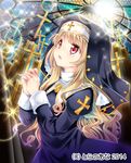  blonde_hair blush cross hands_clasped harem_gain kurosawa_kiyotaka long_hair nun official_art open_mouth own_hands_together praying red_eyes solo stained_glass 