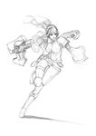  breasts greyscale highres huge_weapon large_breasts long_hair monochrome muju ponytail robin_(the_iconoclasts) running sketch solo the_iconoclasts weapon wrench 