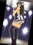  ass backless black_hair blush breasts brown_eyes camera_flash embarrassed frilled_skirt frills from_behind glasses gloves gureko_rouman hair_ribbon high_heels large_breasts long_hair looking_back ribbon see-through skirt thighhighs thong 