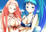  aqua_hair beach bikini blue_eyes blush breasts chiyome_(p&amp;d) cleavage criss-cross_halter day front-tie_top hairband halter_top halterneck hatsume_(p&amp;d) huge_breasts long_hair looking_at_viewer merry_(diameri) multiple_girls navel one_eye_closed pink_hair ponytail puzzle_&amp;_dragons red_eyes smile strap_gap swimsuit very_long_hair 