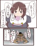  1girl 2koma admiral_(kantai_collection) ashigara_(kantai_collection) boy_on_top broken_condom brown_hair comic condom condom_in_mouth cum cum_in_pussy cum_pool hairband hetero highres instant_loss_2koma kaito_(wumiwatari) kantai_collection leg_lock long_hair mating_press mouth_hold overflow sex they_had_lots_of_sex_afterwards translated 