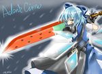 advent_cirno blue_eyes blue_hair bow character_name cirno dress food fruit gloves ice ice_wings longmei_er_de_tuzi short_hair solo sword touhou watermelon weapon wings 