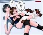  2girls artist_request black_eyes black_hair blush brown_eyes brown_hair competition_swimsuit domina_hole elbow_pads headlock knee_pads leg_scissors lying multiple_girls one-piece_swimsuit open_mouth shoes short_hair sweat swimsuit twintails wink wrestling wrestling_ring 