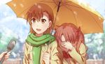  brown_eyes brown_hair covering_face embarrassed jewelry long_hair meme microphone misaka_mikoto multiple_girls ring scarf school_uniform shared_umbrella shirai_kuroko short_hair special_feeling_(meme) to_aru_kagaku_no_railgun to_aru_majutsu_no_index twintails umbrella usamin_(artist) 