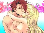  1girl bad_anatomy beatrice black_battler blonde_hair breasts closed_eyes heart heart_background kiss large_breasts long_hair one_eye_closed red_eyes red_hair shirtless sideboob sousui_hani topless translation_request umineko_no_naku_koro_ni ushiromiya_battler 