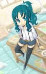  alternate_hairstyle belt blue_eyes blue_hair casual hanimaru_(h@nimaru) heartcatch_precure! kurumi_erika long_hair ponytail precure shorts sitting smile suspenders thighhighs 