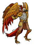  armor asparagusunited avian beak black_sclera clothing deity feathers male orange_eyes solo standing talons wings 