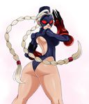  absurdres ahoge ass back_cutout blonde_hair braid breasts claw_(weapon) decapre eric_lowery from_behind garrison_cap hat highres huge_ahoge large_breasts leotard long_hair looking_back mask no_legwear red_eyes ribbed_leotard shoulder_pads solo street_fighter street_fighter_iv_(series) twin_braids weapon 