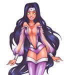  1girl black_hair breasts cleavage dc_comics green_eyes nightstar solo star_(symbol) tamaranian thighhighs tiara 