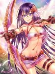  angelmaster bow_(weapon) breasts kahlua_(angelmaster) large_breasts long_hair navel neme official_art purple_eyes purple_hair smile solo thighhighs underboob weapon 