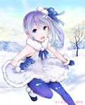  blue_eyes blush fairy_wings gloves harem_gain looking_at_viewer momoyama_momo official_art open_mouth outdoors pantyhose side_ponytail silver_hair smile snow solo wings 