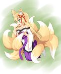  animal_ear_fluff animal_ears aqua_eyes bangs bare_shoulders blonde_hair blush bow fan fox_ears fox_tail hair_ornament highres holding japanese_clothes kiiroi_kinoko kimono kitsune long_hair looking_at_viewer mon-musu_quest! monster_girl multiple_tails open_mouth sidelocks smile socks solo tail tamamo_(mon-musu_quest!) tattoo 