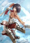  absurdres akatsuki_sora belt black_hair boots brown_eyes dual_wielding emblem highres holding insignia jacket mikasa_ackerman paradis_military_uniform scarf shingeki_no_kyojin short_hair solo sword three-dimensional_maneuver_gear training_corps_(emblem) weapon 