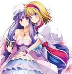  alice_margatroid alternate_costume blonde_hair blue_dress blue_eyes book breasts capelet cleavage collarbone crescent dress hair_ribbon hairband hand_on_shoulder hat jewelry large_breasts layered_dress long_hair masa_(miyabitei) multiple_girls necklace patchouli_knowledge pendant purple_dress purple_eyes purple_hair ribbon simple_background smile strapless strapless_dress touhou tress_ribbon very_long_hair white_background wrist_cuffs 