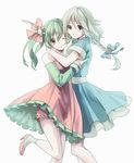  bad_id bad_pixiv_id detached_sleeves dress green_eyes green_hair hatsune_miku high_heels hug ia_(vocaloid) long_hair multiple_girls nonoharak one_eye_closed vocaloid white_background 