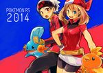  1girl bandana bike_shorts black_hair blue_eyes brown_hair copyright_name fanny_pack fingerless_gloves gen_3_pokemon gloves haruka_(pokemon) hat mudkip nuriko-kun open_mouth pokemon pokemon_(creature) pokemon_(game) pokemon_oras pokemon_rse red_eyes short_hair torchic yuuki_(pokemon) 