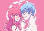  1boy 1girl blue_hair blush couple glasses inumuta_houka jakuzure_nonon kill_la_kill long_hair pink_hair 