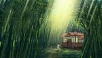  architecture bamboo bamboo_forest chenyin east_asian_architecture eientei forest from_behind fujiwara_no_mokou grass highres light_rays long_hair long_sleeves nature outdoors pointing scenery sunbeam sunlight touhou very_long_hair white_hair 