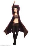  advance_wars advance_wars:_dual_strike afro arms_up black_hair black_legwear brown_eyes cat_(advance_wars) coat flat_chest highres jaimito midriff navel open_clothes open_coat pantyhose short_hair shorts smile solo tank_top trench_coat 