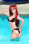  arm_up ass bikini black_bikini bling_(wnsdud34) breasts cleavage eyewear_on_head highres katarina_du_couteau league_of_legends long_hair looking_at_viewer medium_breasts red_hair scar side-tie_bikini smile solo sunglasses swimsuit wading water 