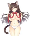  ;) animal_ears blush bow breasts brown_hair cat_ears cat_tail closed_mouth covering_nipples cowboy_shot groin large_breasts long_hair looking_at_viewer mauve navel one_eye_closed original panties simple_background smile solo tail thigh_gap topless underwear underwear_only white_background white_panties yellow_eyes 