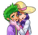  anthro clothed clothing dress duo eyes_closed female friendship_is_magic glove green_eyes green_hair hair hat human humanized male mammal my_little_pony nuzzle pia-sama plain_background purple_hair rarity_(mlp) smile spike_(mlp) white_background 