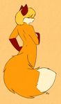  anthro back black_nose blonde_hair breasts canine covering covering_breasts covering_self female fluffy_tail fox fur hair mammal nude orange_fur plain_background smile solo starfighter 